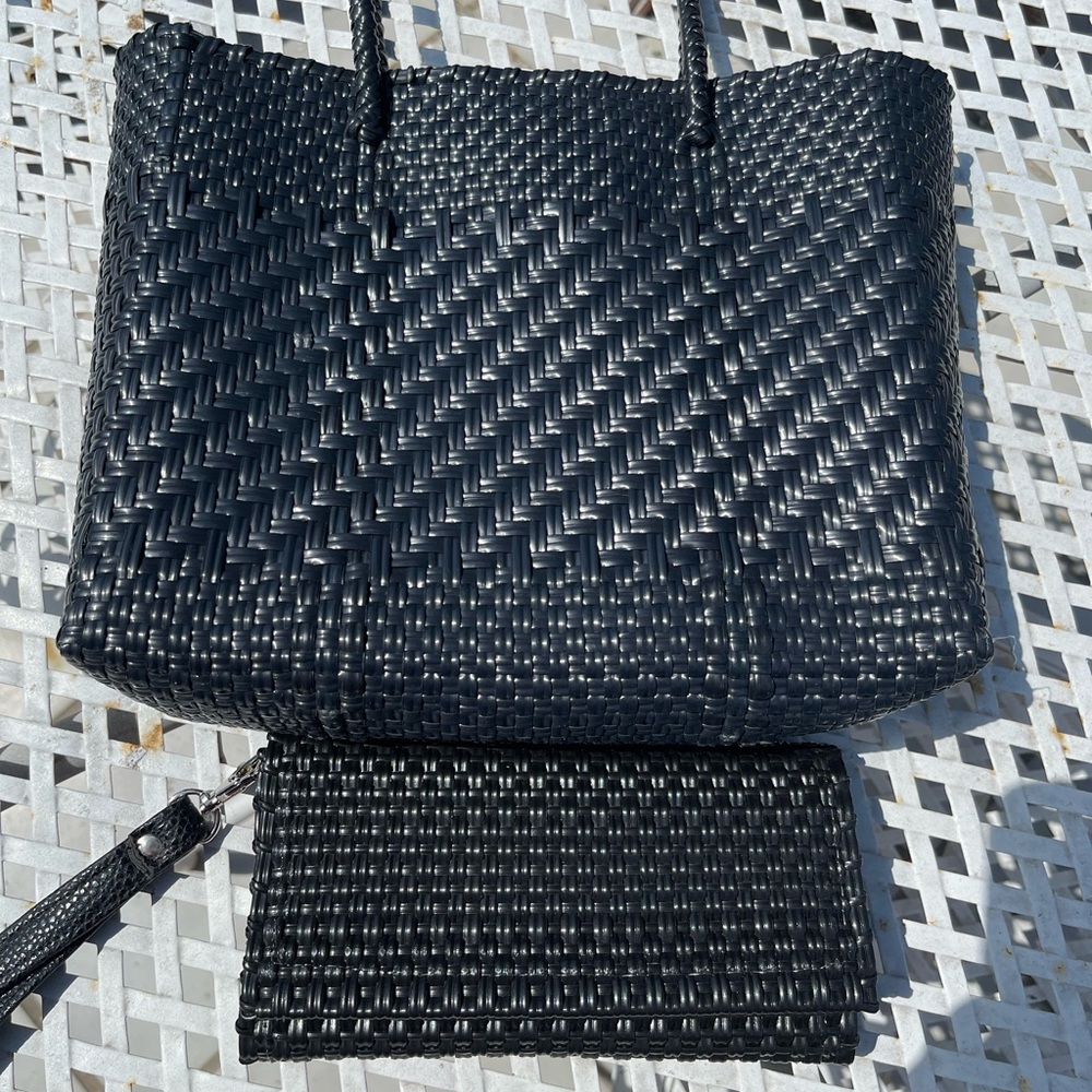 Black weaved tote with wallet.